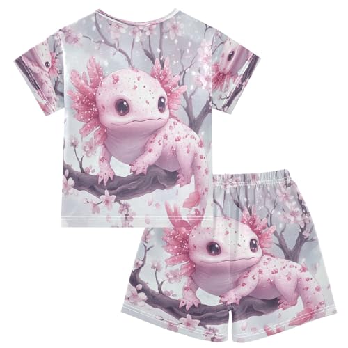 Pajama Sets Short Sleeve Cherry Blossoms Cute Axolotl Soft Cotton Summer Sleepwear 2 Piece PJS Size 5-14T2