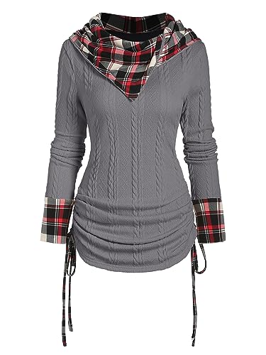 Image of ZEZCLO Women's Twisted Cable Knit Plaid Print Hooded Sweater Mock Button Ruched Shawl Neck Knit Top
