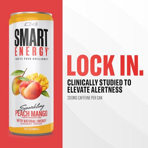 Image of Cellucor C4 Smart Energy Drink ‚ Boost Focus and Energy with Zero Sugar, Natural Energy, and Nootropics - 200mg Caffeine - Peach Mango (12oz Pack of 12)