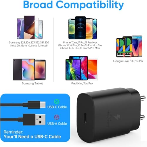 Image of 25W Type C PD 3A Super-Fast Charging Adapter Compatible with Samsung Z Fold /Flip 8 /7 /6 /S26 /S25 /F70 pro /F70e /F07 /F17 /F36 /M47 /M17e /M17 /M07 /M36 /M06 / A27 /A57 /A37 /A07 /A17 /A36 /A56|25Watt USB C-Black
