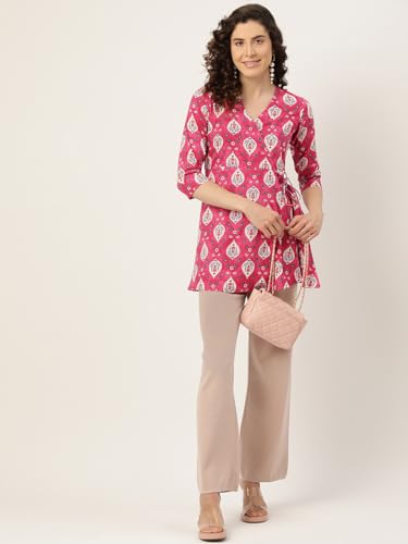 Image of feranoid Floral Print Angrakha 3 Sleeves Flared Kurti