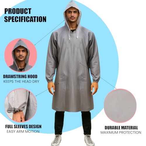 Image of HACER EVA Raincoat 110 GSM with Adjustable Hood Full Sleeves Universal Size Long Length Lightweight Waterproof Outdoor Rainwear for Camping Trekking Hiking Men & Women (Pack of 1, Grey)