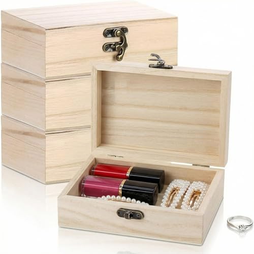 Image of Eulihent 4 Pcs Wooden Box with Hinged Lid 15x10x5cm Small Wooden Memory Box Unfinished Wooden Box with Locking Clasp for Home Table Decoration Keepsake