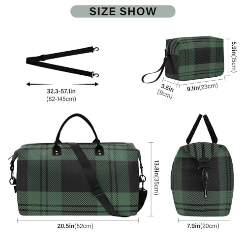 OTVEE Christmas Green Tartan Plaid Travel Gym Duffel Bag Quilted Weekender Bags Carry on Overnight Tote Bag for Women Men3