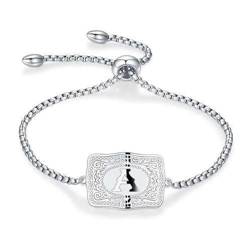 Belt Buckle Initial Bracelet for Women, 18K Gold/Silver Plated Belt Buckle Initial A-Z Bracelet, Unique Western Style Jewelry Gifts for Women Men