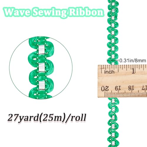 CABODYALS 25M 8mm Green Silver Woven Braid Wave Trim Rick Rack Trim Gimp Braided Ric Rac Metallic Zig Zag Bending Lace Trims for Sewing Making Gift Wrapping Diy Christmas Decor Craft Supply - Image 2