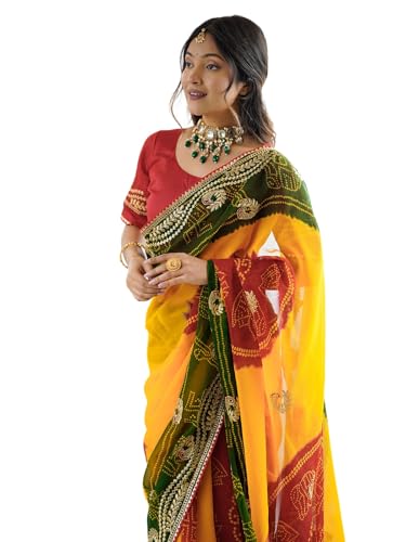 Image of Satrani Women's Georgette Bandhani Printed Embroidered gota lace Saree with Unstitched Blouse Piece