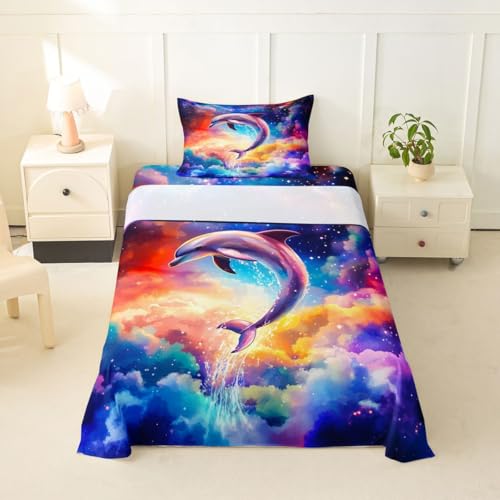Image of jejeloiu Dolphin Bed Sheets Set Full Size Sea World Bed Set for Kids Boys Girls Tropical Ocean Deep Pocket Fitted Sheet Marine Life Breathable Soft Lightweight Microfiber