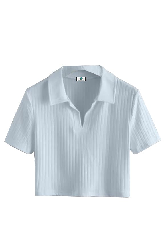 sxv style SXV SkyBlue Ribbed Polo Collar Crop t-Shirt-picture-29