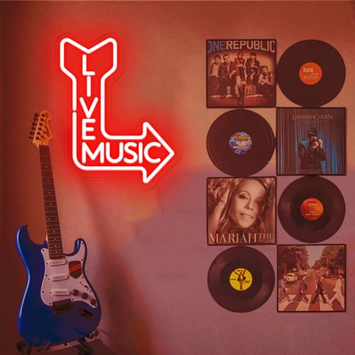 Live Music Neon Sign for Wall, Remote Dimmer Red Live Music LED Neon Light Sign for Live Concert Music Festival, USB Powered for Nightclub Studio Bar Concert Salon Party Game Room- 15''