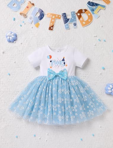 IBTOM CASTLE Baby Girl 1st 2nd Birthday Outfit Blue Dog Sequin Bow Floral Tutu Birthday Dress for Cake Smash Photoshoot2