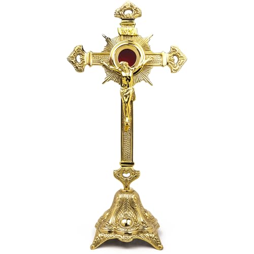 High Polished Brass Crucifix Reliquary Detailed Corpus Centerpiece Velvet Lined Relic Holder Catholic Church Display 8.5 x 16 Inches