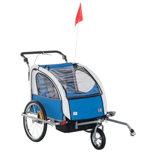 Image of HOMCOM Bike Trailer 2-Seater for Bicycle Baby Child with Removable Canopy Storage Pocket Hitch Coupler Outdoor Steel Frame Blue