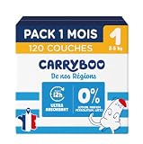 CARRYBOO   Couches Taille 1 (2 5kg)   Saines et Ultra Absorbantes   12h Anti Fuites   Sans substances indésirables   Fabriquées en France   Prix Accessible   120 Couches Jetables   Pack 1 Mois