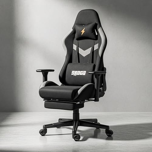 Image of Drogo Ergo Plus Ergonomic Gaming Chair with Footrest, Breathable Fabric, Adjustable Seat & 3D Armrest | Head & Massager Lumbar Support Pillow | Home & Office Chair with Full Recline Back (Pro Black)