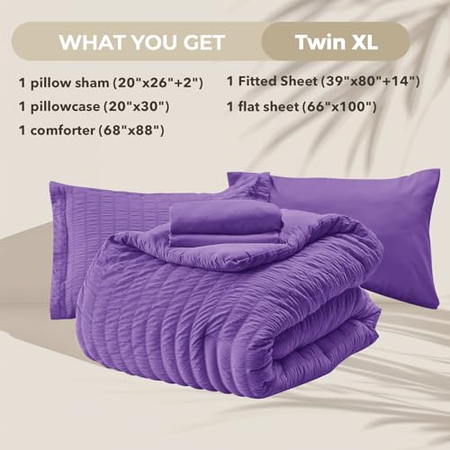 Image of HYMOKEGE Bright Purple Twin XL Comforter Set Seersucker 5 Pieces, All Season Luxury Bed in a Bag for Bedroom, Bedding Set with Comforter, Sheets, Pillowcase & Sham