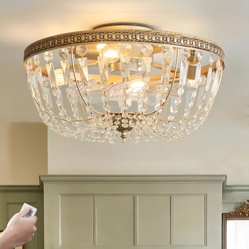 Image of 20 inch Flush Mount Fandelier Ceiling Fan with Light, Crystal Gold Fandelier Ceiling Fan with Light Remote Control, Vintage French Country Caged with 6 Speeds for Bedroom, Living Room, Foyer, Nursery