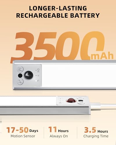 Image of EZVALO 14.5inch Under Cabinet Lighting, 2 Pack 3500mAh Rechargeable Wireless Motion Sensor Lights Indoor, Dimmable Magnetic Closet Lights, Under Counter Lights for Kitchen, Pantry, Stairs