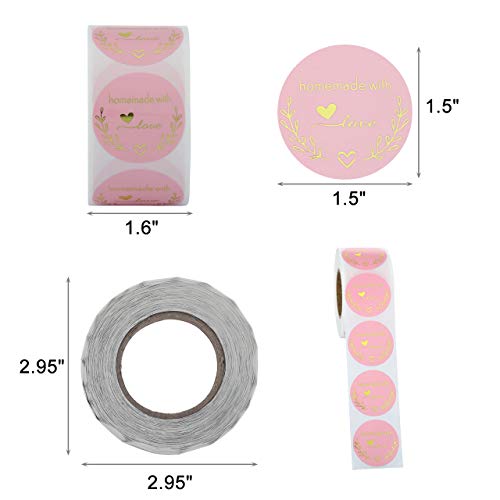 Yoption 1.5 Inch Round Homemade With Love Stickers Pink For Packaging, Cookie Bags, Small Shop Local Handmade, 500 Labels Per Roll #TOP1