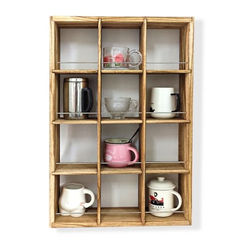 YIYUESHIJIU Wall Mounted Coffee Mug Display Rack, 17x25 Large Wooden Display Shelves Cup Holder Shadow Box Shelf Rustic Mug Rack Shot Glasses Display Case with 12 Compartment (Carbon)