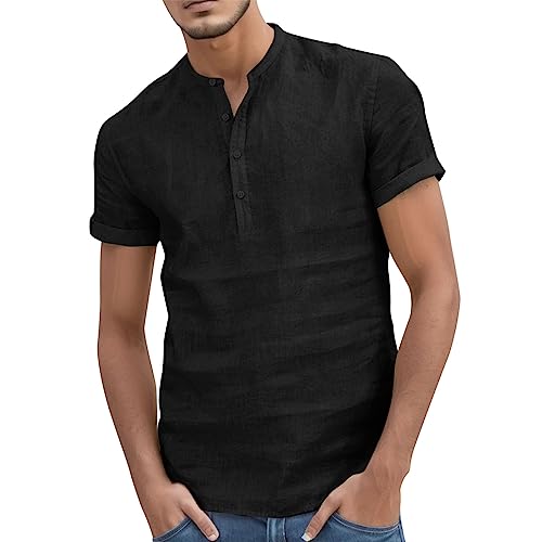 HELLORSOON Maglietta T-Shirt da Uomo Estivo Top Estivi da Uomo Camicia in Cotone Lino a Maniche Corte con Bottoni Classici Maglietta Girocollo Top Abbigliamento Tendenza Estiva Maschio