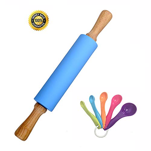 Acstar Silicone Rolling Pin for Baking Non-stick Surface Wooden Handle 15.15x2.17 inch