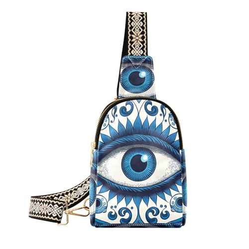 Women’s Sling Bag Blue Evil Eye Print with Adjustable Strap Zipper Closure, PU Leather Water Resistant Crossbody Bag Purse Chest Bag