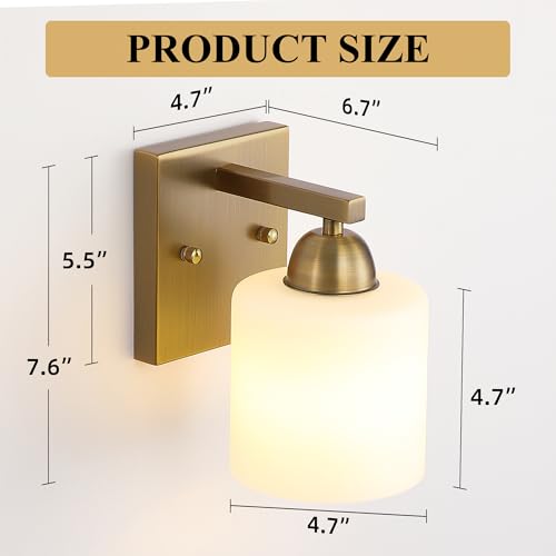 Image of Mecgirn Brass Milk Glass Wall Sconces, 1 Pack Hardwired Indoor Wall Light Fixtures for Living Room, Hallway, Bedroom, Ceramic E26 Sockets (Bulbs Not Included)