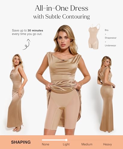 Image of Popilush Shapewear Maxi Dress Sleeveless Long Formal Dresses | Built-In Bra, Stretch Satin Fabric, Light Tummy Control, Garden Wedding Cocktail Summer Party Dress