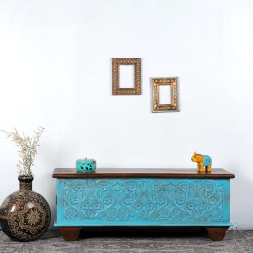 Image of Teba Wooden Trunk Box for Storage | Solid Wood Coffee Table for Living Room | Center Coffee Table with Storage | Front Wooden Carved Sandook Pitara for Home Decor & Bedroom (Blue Distress)
