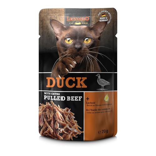 LEONARDO Frischebeutel [16x70g Duck mit Fleischstreifen] Pulled Beef | Getreidefreies Nassfutter für Katzen | Alleinfuttermittel Katzenfutter