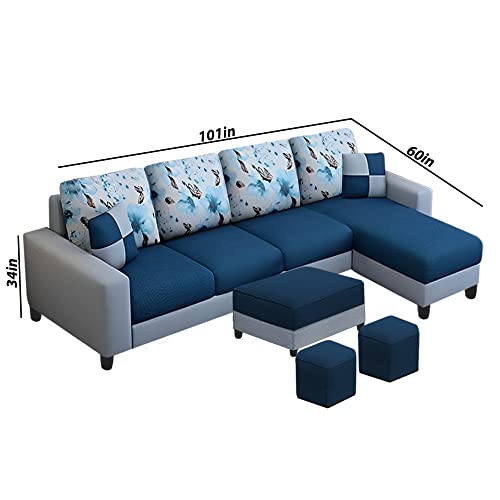 Image of Orland 8 Seater RHS L Shape Sofa with Center Table & 2 Puffy | Color - (Blue Grey Fabric)