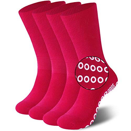 Grip Socks,JSPA Non Slip Casual Socks - Ideal for Home, Indoor Yoga, and Hospital - for Men and Women Bariatric Extra Wide Slipper Socks for People with Swollen feet Diabetes & Edema 4 Pairs Rose Red