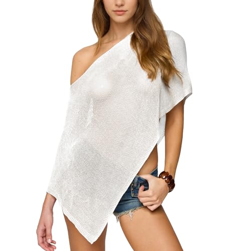 Women Cover Up One Shoulder Knit Asymmetric Shrug Pullover Sweater Trendy Beach Vacation Sheer Poncho Mesh Blouse