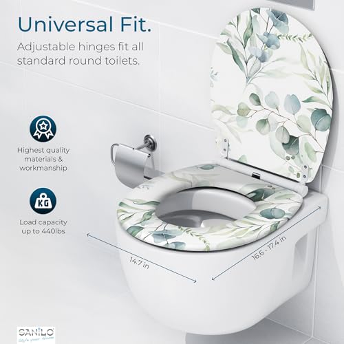 Image of Sanilo Wooden Toilet Seat with Quick Release & Soft Close [ROUND] - Decorative & Slow Close Molded Wood Seat - With One Click for Easy Installation & Cleaning - With Adjustable Fit (Eucalyptus)