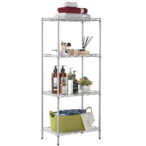 Image of BestOffice | 4-Tier Wire Storage Shelves | 12 inchD x 18 inchW x 44 inchH | Chrome | with Adjustable Racks PP Liners | Compact Metal Shelf, Holds Upto 600 lbs | Ideal for Kitchens Closets Bathrooms Small Corners