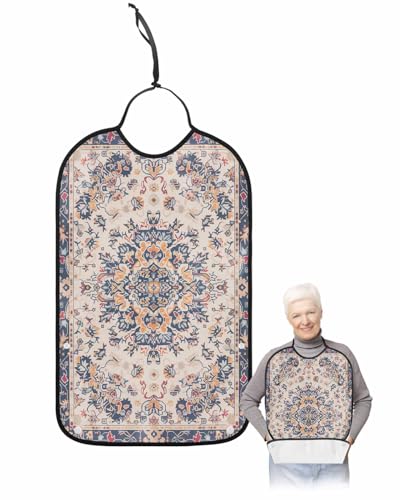 LEOKOTI Orange Blue Boho Adult Bibs for Eating, Waterproof Bibs with Food Catcher & Snap Closure, Southwestern Ethnic Rustic Mexican Flowers Washable Clothing Protectors Adult Bibs for Elderly