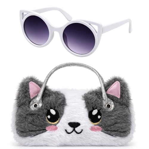 BTHRORO Kids Sunglasses with Girls Glasses Case Plush Cat Eyeglass Case with Handle Girls Sunglasses UV Protection