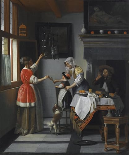 Tableau Pieter De Hooch avec enfant et perroquet - Toile déco chambre 60x90cm