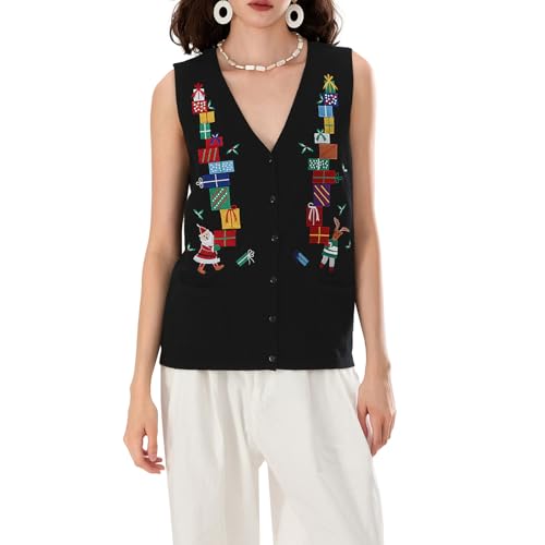 Image of Women Christmas Sweater Vests Santa Claus Print Sleeveless Knit Cardigan Vest Christmas Holiday Tank Top