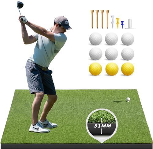 Golf Hitting Mat, 5×4 Ft Golf Mats Practice Outdoor Indoor, Artificial Golf Turf Mat with 9 Golf Balls, 9 Golf Tees, Golf Driving Swing Mat for Backyard