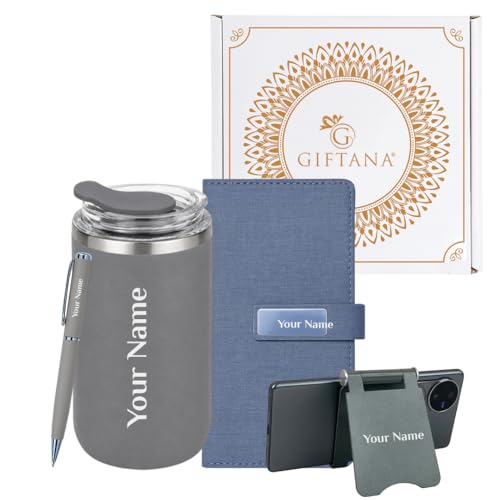 Image of Giftana 4 in 1 Personalized Diary with Pen, Mobile Stand and Coffee Tumbler 350ml Gift Set for Men & Women, Customized Gifts for Doctors, Personalised New Year Corporate Gift Set for Employee (Grey)