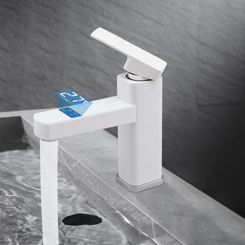 Robinet de lavabo G1/2 avec 2 tuyaux, mitigeur lavabo avec affichage numérique de la température LED, robinet pour lavabo de salle de bain, mitigeur...