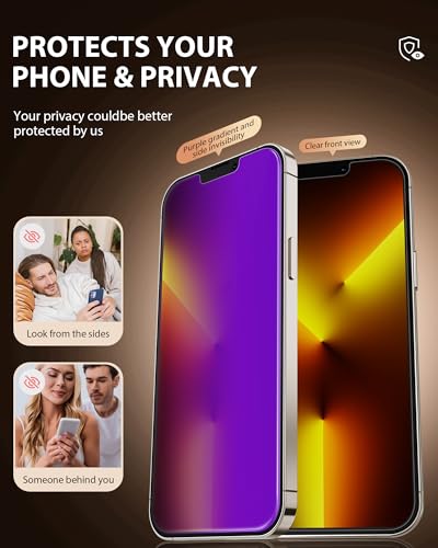 Image of PDDKISS Compatible for iPhone 13 Pro Max Privacy Screen Protector /iPhone 14 Plus Screen Protector 6.7 Inch, Purple Gradient Anti Spy Anti Blue Light HD Tempered Glass Easy Installation
