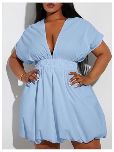 Image of WDIRARA Women's Plus Size Deep V Neck Bubble Dress Short Sleeve A Line Mini Dresses