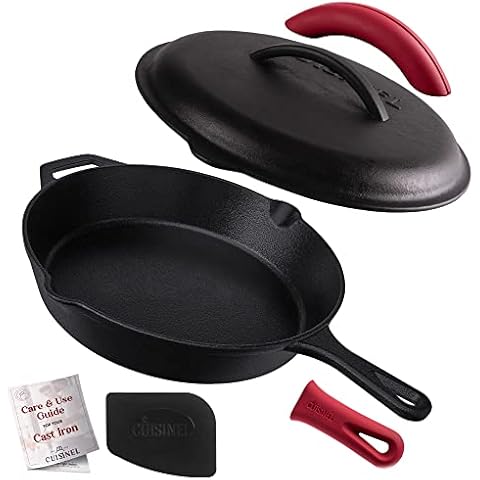 Cast Iron Skillet with Lid - 12"-inch Pre-Seasoned Covered Frying Pan Set + Silicone Handle & Lid Holders + Scraper/Cleaner - Indoor/Outdoor, Oven, Stovetop, Camping Fire, Grill Safe Kitchen Cookware Cover