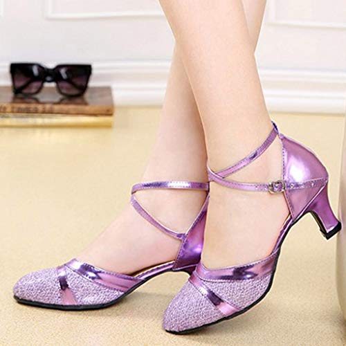 Women's Ballroom Tango Latin Salsa Dancing Shoes Sequins Shoes Social Dance Shoe Strap Women Low Heel Sandals (Purple, 6.5)2