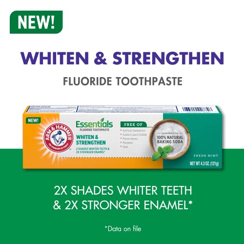 Arm & Hammer Essentials Whiten & Strengthen Fluoride Toothpaste-4 Pack Of 4.3Oz Tubes, Fresh Mint- 100% Natural Baking Soda- Fluoride Toothpaste #TOP6