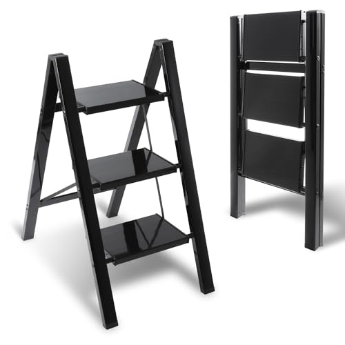 Eulenke 3 Stufen Leiter, Trittleiter Stufen, Klappleiter, Aluminium Leicht Stehleitern, Tragbare Klapptritt, mit rutschfeste Breites Pedal, für Haushalt, Büro, Küche, Belastbar Bis 150kg, Schwarz