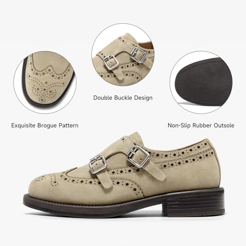 Image of BEAU TODAY Womens Leather Loafers, Monk Platform Loafer Shoes | Cowhide, Brogue Wingtip, Slip-on, Chunky Heel, Comfortable, Non-slip Durable, Business Casual Office Dress Shoes